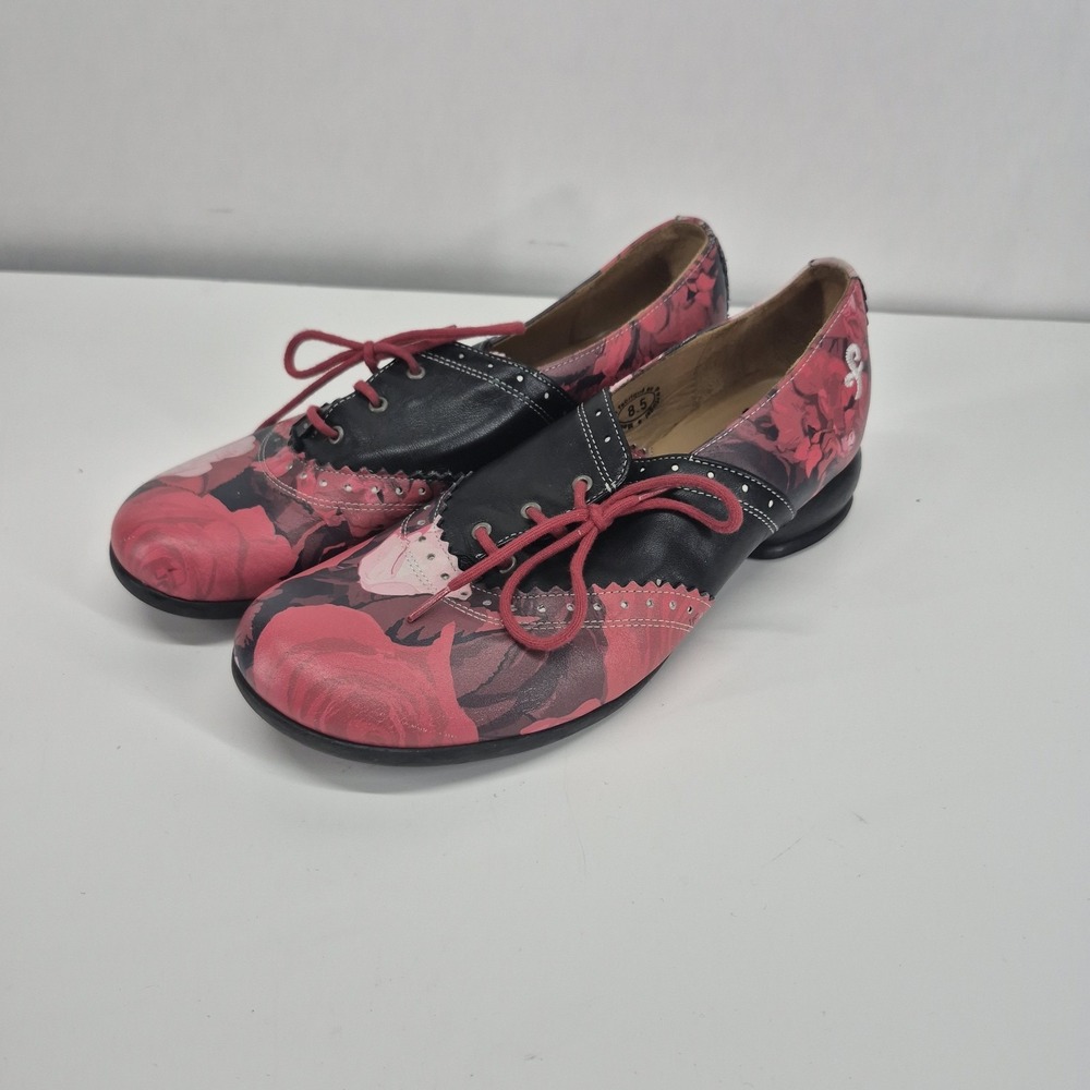John Fluevog Erika Brogued Oxford Red Black Pink Leather Size 8.5